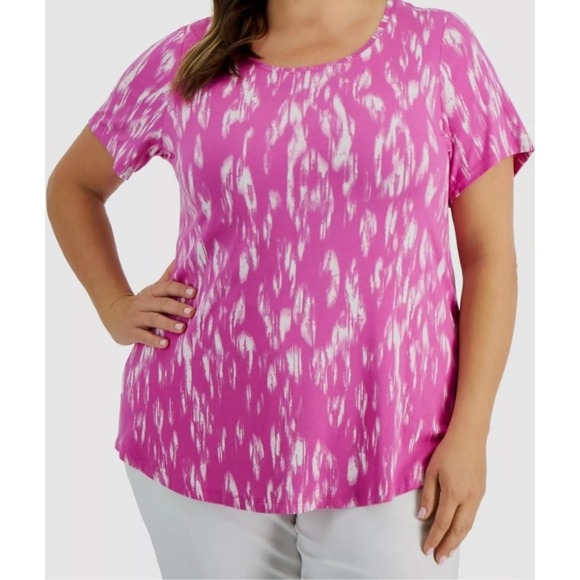 JM‎ Collection Pink Abstract Print Top Scoop Neck Short Sleeve Blouse 1X NWT - Picture 1 of 9
